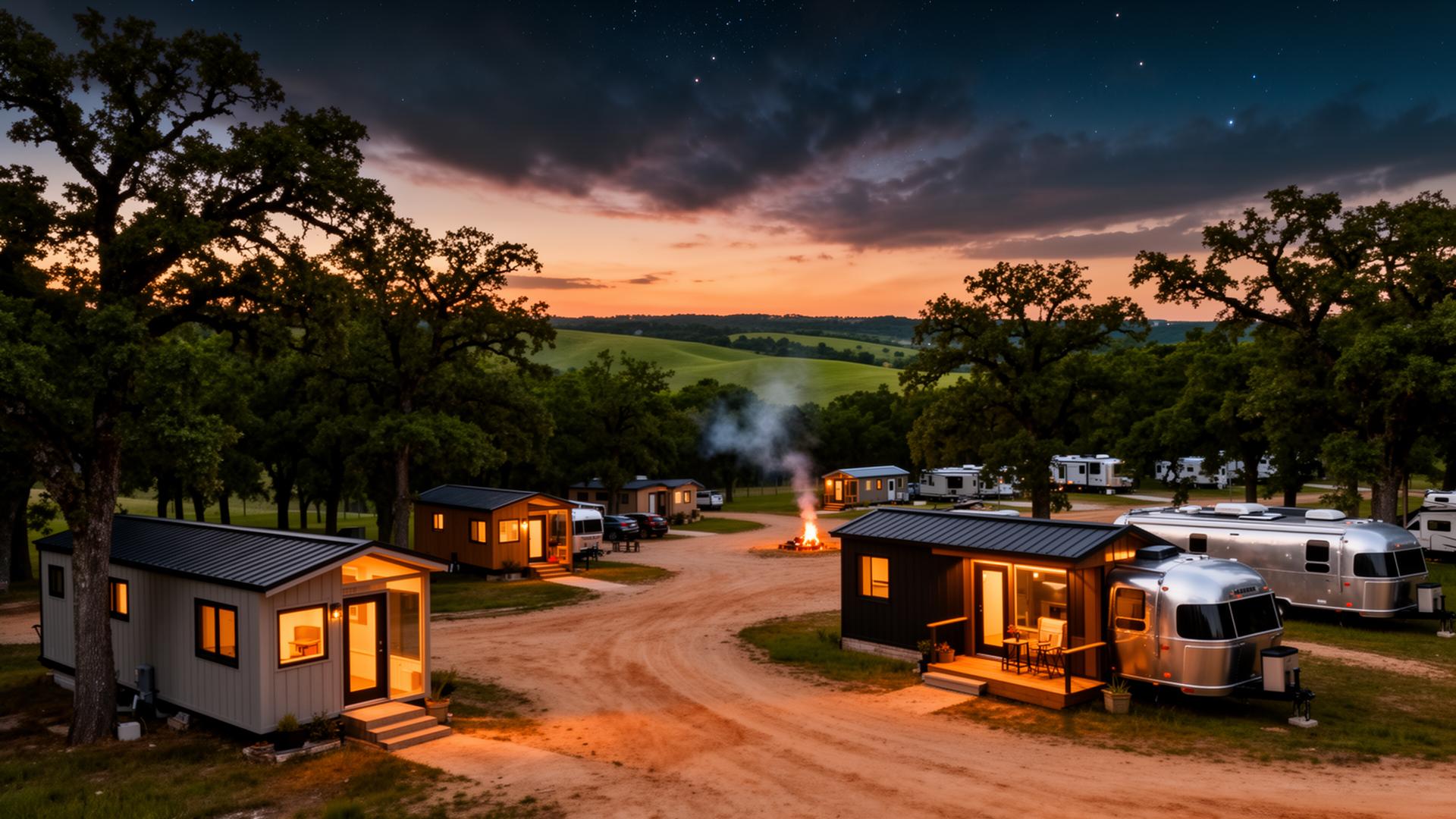 RV park and tiny homes at dusk near Kirksville, Missouri