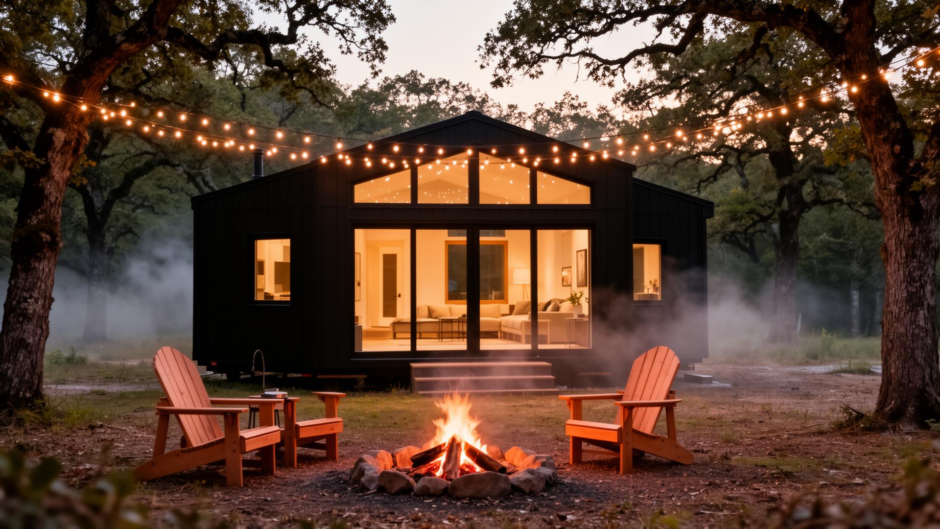 Modern black tiny home with string lights and fire pit at Starlight Trail